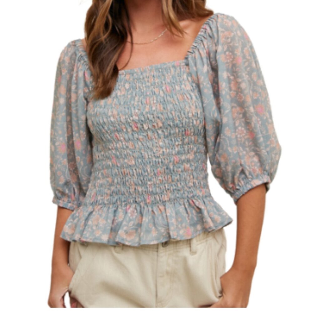 Paper Crane Floral Balloon Sleeve Smocked Blouse